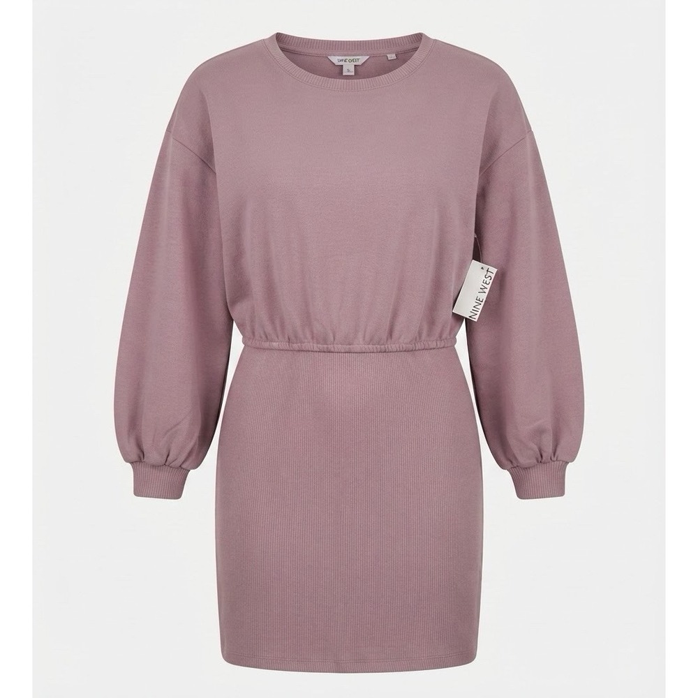 Nine West Cinch-Waist Ribbed Mini Sweater Dress in Dusty Pink XL